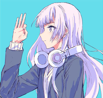 1girl aqua_background black_jacket collared_shirt commentary d4dj hand_up headphones headphones_around_neck highres izumo_saki jacket long_hair open_clothes open_jacket shirt simple_background solo sweater white_hair white_shirt white_sweater yukitake_(bullfalk)