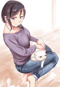 1girl barefoot black_hair blue_eyes breasts cat commentary_request denim jeans medium_breasts medium_hair on_floor original pants scar scar_across_eye scar_on_face smile solo tomiki910 white_fur