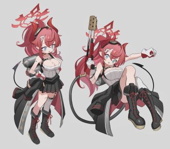 Rule 34 | 1girl, absurdres, black choker, black footwear, black skirt, blue archive, blue eyes, blush, boots, breasts, choker, cleavage, clenched hand, clothes around waist, demon horns, flamethrower, full body, gas tank, gloves, goggles, goggles on head, grey background, hair between eyes, hair ornament, hairclip, halo, hands on own hips, highres, holding, holding flamethrower, holding weapon, horns, jacket, jacket around waist, ketsu juuji killer (kejuki), lace-up boots, large breasts, legwear garter, long hair, looking at viewer, megu (blue archive), multiple views, pleated skirt, pointy ears, ponytail, red gloves, red hair, red horns, simple background, single thighhigh, skirt, tail, tank top, thighhighs, two-tone gloves, weapon, white gloves