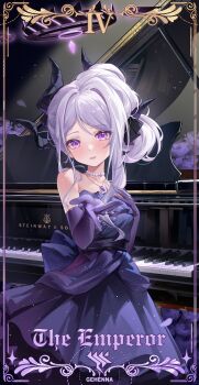 1girl absurdres bare_shoulders black_halo black_horns blue_archive blush chinese_commentary collarbone commentary_request crescent_print demon_girl demon_horns dress earrings elbow_gloves evening_gown gehenna_academy_logo gloves grand_piano hair_between_eyes halo hand_on_own_chest highres hina_(blue_archive) hina_(dress)_(blue_archive) horns instrument jewelry long_hair looking_at_viewer multiple_horns necklace official_alternate_costume official_alternate_hairstyle parted_bangs parted_lips pearl_necklace pendant piano piano_keys print_dress purple_dress purple_eyes purple_gloves reaching reaching_towards_viewer roman_numeral sidelocks smile solo spotlight starry_sky_print steinway_&amp;_sons strapless strapless_dress tarot the_emperor_(tarot) wavy_hair white_hair yangyu_tudou_vv