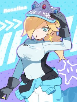 Rule 34 | 1girl, :o, black gloves, blonde hair, breasts, clothes around waist, covered navel, cowboy shot, gloves, hair over one eye, hand on headwear, highres, jumpsuit, long hair, looking at viewer, lzesmelt, mario (series), mario kart, mario kart tour, medium breasts, nintendo, official alternate costume, rosalina, rosalina (pro racer), shirt, solo, white jumpsuit, white shirt