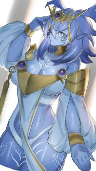 Rule 34 | 1girl, blue eyes, blue hair, blue leotard, blue skin, breasts, cleavage, colored skin, commentary request, cowboy shot, dominus impulse, dougaku (passionpit777), duel monster, highres, large breasts, leotard, medium hair, solo, yu-gi-oh!