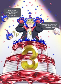 2girls :d :o =_= ? ?? absurdres ahoge animal_ear_fluff animal_ears animal_hands anniversary arms_up bear_ears bear_girl birthday birthday_cake black_background black_jacket blank_eyes blue_hair blue_hat blunt_bangs blunt_ends blunt_sidelocks bob_cut buttons cake chibi chibi_inset colored_tips commentary confetti confused covered_eyes cropped_head cws3k dark double-parted_bangs dress english_commentary english_text excited eyebrows_hidden_by_hair facing_viewer fang flat_chest flipped_hair food from_below gloves go!_go!_gris! gold_necklace gradient_hair grin gris_(go!_go!_gris!) hair_between_eyes hair_intakes happy hat highres hood hood_down hooded_jacket icing jacket jewelry layer_cake light_blush long_sleeves looking_ahead looking_over_eyewear mouse_ears mouse_girl multicolored_hair multicolored_jacket multiple_girls necklace no_pupils no_sclera open_clothes open_jacket open_mouth oversized_food oversized_object party party_hat paw_gloves paw_pose pawpads perl_(go!_go!_gris!) person_in_cake pink_hat pink_jacket pocket pom_pom_(clothes) pom_pom_hat_ornament puffy_long_sleeves puffy_sleeves raised_eyebrows raised_inner_eyebrows red_hat red_jacket short_hair shutter_shades sidelocks sleeveless sleeveless_dress smile solo_focus spaghetti_strap speech_bubble spotlight straight-on striped_blush striped_hat surprised talking too_much_food two-sided_fabric two-sided_jacket two-tone_hat two-tone_jacket unbuttoned upper_body white_background white_dress white_hair yellow-framed_eyewear