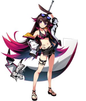 Rule 34 | 1girl, ahoge, arm behind head, arm up, artist request, bikini, black bikini, black sandals, brown hair, closed mouth, dapiko (duel masters), duel masters, duel masters play's, eyewear on head, feet, holding, holding scythe, huge ahoge, huge weapon, jacket, legs, long hair, looking at viewer, multicolored bikini, multicolored hair, nail polish, navel, official art, open clothes, open jacket, pink bikini, pink hair, purple eyes, purple nails, reverse grip, sandals, scythe, skull, solo, sunglasses, swimsuit, thigh strap, toenail polish, toenails, toes, transparent background, weapon, white jacket