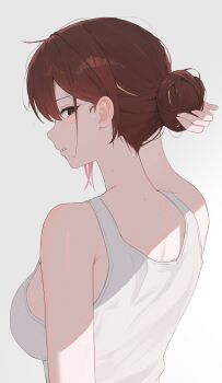 1girl akane_lize arm_at_side armpit_crease breasts film_grain grey_eyes hair_bun hand_up highres large_breasts looking_at_viewer looking_back meosic2 mole mole_under_eye multicolored_hair parted_lips red_hair sideways_glance sideways_mouth simple_background single_hair_bun solo stellive streaked_hair sweat tank_top upper_body virtual_youtuber white_background white_tank_top