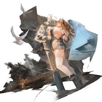 1boy 1girl akagi_(aircraft_carrier) aqua_bodysuit aqua_eyes aqua_shoes artist_request battle_of_midway bird blush bodysuit breasts burning covering_nipples covering_privates detached_sleeves dove fingerless_gloves fire full_body ghost gloves hand_on_own_chest headgear highres kaga_(aircraft_carrier) looking_at_another midway_(warship_girls_r) official_art open_mouth orange_hair shoes sideboob skirt smoke thighhighs uss_midway_(cv-41) v-j_day_in_times_square wardrobe_malfunction warship_girls_r white_gloves white_skirt white_thighhighs