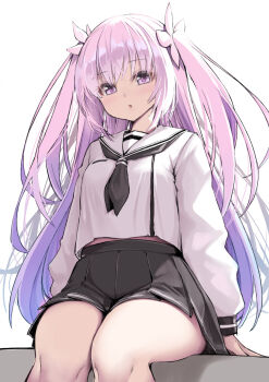 1girl :o alternate_costume arm_support black_neckerchief black_skirt blush breasts commentary_request cowboy_shot cyrtanthus_(flower_knight_girl) flower flower_knight_girl gradient_hair hair_flower hair_ornament highres kintarou_(kintarou's_room) long_hair looking_at_viewer looking_down making-of_available medium_breasts miniskirt multicolored_hair neckerchief pink_hair pleated_skirt purple_eyes purple_hair sailor_collar school_uniform serafuku shirt simple_background sitting skirt solo thick_thighs thighs two-tone_hair two_side_up white_background white_sailor_collar white_shirt