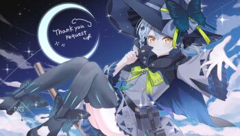 Rule 34 | 1boy, absurdres, black thighhighs, blue hair, cloud, commentary, commission, crescent moon, crossdressing, crossdressing (mtf), dress, grey dress, hat, highres, inuyama tamaki, inuyama tamaki (8th costume), long sleeves, male focus, moon, night, njuzu, noripro, official alternate costume, outstretched arm, skeb commission, sky, smile, solo, star (sky), star (symbol), starry sky, thighhighs, trap, virtual youtuber, witch hat, yellow eyes, zettai ryouiki