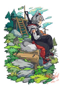 1girl absurdres alternate_costume animal_ears black_gloves black_pants commentary_request dated doggo_1d34 elbow_gloves gloves grey_gloves grey_hair hat highres hood hoodie inubashiri_momiji medium_hair open_mouth outdoors pants red_eyes red_hat rock signature solo sword sword_on_back tail tokin_hat touhou tree twitter_username weapon weapon_on_back white_hoodie wolf_ears wolf_girl wolf_tail