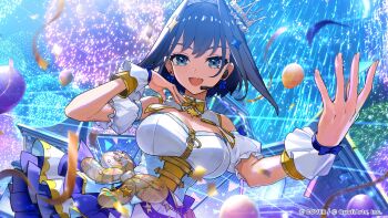 1girl :d absurdres aerial_fireworks balloon blue_eyes blue_hair blue_skirt bow bow_earrings bowtie breasts commentary_request concert confetti crown detached_collar detached_sleeves double-parted_bangs dress earrings fireworks frilled_skirt frills hair_flaps hair_intakes headset highres hololive hololive_dreams hololive_english jewelry large_breasts looking_at_viewer mini_crown official_alternate_costume official_art open_mouth ouro_kronii outdoors puffy_detached_sleeves puffy_short_sleeves puffy_sleeves short_hair short_sleeves skirt skirt_under_dress sleeveless sleeveless_dress smile solo tilted_headwear virtual_youtuber white_dress wrist_cuffs yellow_bow yellow_bowtie