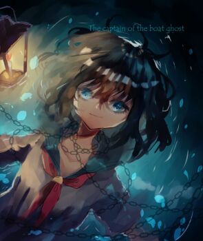 1girl afloat black_hair blue_eyes blue_sailor_collar closed_mouth commentary_request english_text hair_between_eyes lantern looking_at_viewer medium_hair murasa_minamitsu neckerchief no_headwear one-hour_drawing_challenge red_neckerchief sailor_collar shinjitsu_no_kuchi shirt smile solo touhou upper_body water white_shirt