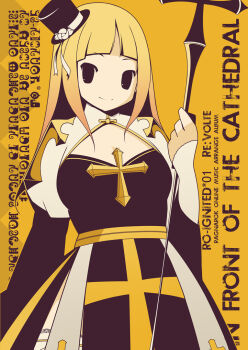 1girl album_cover arch_bishop_(ragnarok_online) black_dress blonde_hair blunt_bangs breasts butternuts303 cleavage cleavage_cutout closed_mouth clothing_cutout comiket_80 commentary_request cover cowboy_shot cross dated_commentary dress english_text hat holding holding_staff juliet_sleeves large_breasts long_hair long_sleeves looking_at_viewer mini_hat mini_top_hat no_sclera orange_background puffy_sleeves ragnarok_online re:volte sash second-party_source smile solo staff top_hat two-tone_dress white_dress yellow_sash