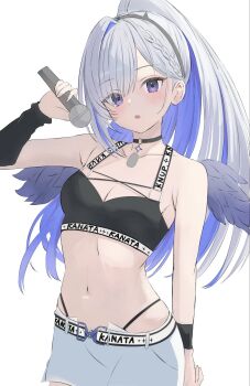 1girl amane_kanata amane_kanata_(another_world) angel_wings arm_warmers black_collar black_sports_bra blue_hair bracelet braid braided_bangs choker collar colored_inner_hair fake_horns grey_hair hair_between_eyes hair_bun hairband halo highres holding holding_microphone hololive horns jewelry long_hair looking_at_viewer microphone multicolored_hair o-ring o-ring_choker official_alternate_costume official_alternate_hair_length official_alternate_hairstyle open_mouth panty_straps purple_eyes solo spiked_hairband spikes sports_bra star_halo tamamorh virtual_youtuber wings