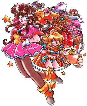 2boys 3girls :p absurdres animal_ears arm_shield arm_up armor artist_name bat_wings bikini_armor blonde_hair blue_armor blue_eyes blue_gloves brown_hair cape chicken_boy closed_mouth colored_sclera commentary crime_crackers doran_(crime_crackers) emilia_f._alkanet eyepatch facial_mark fang fangs feathers fingerless_gloves fox_ears fox_girl furry furry_male glasses gloves green_eyes gun hair_ornament hairband hand_on_own_hip handgun heart highres holding holding_gun holding_map holding_sword holding_weapon horns jacket kokomahi leaza_(crime_crackers) long_hair looking_to_the_side map mini_eyewear monster_boy multiple_boys multiple_girls nail_polish navel non-humanoid_robot official_art open_clothes open_jacket open_mouth orange_cape orange_shoes pantyhose parrot_(crime_crackers) pink_eyes pink_gloves pink_hair pink_jacket pink_nails pink_skirt pink_wings pleated_skirt pointy_ears potpourri_vampu puffy_short_sleeves puffy_sleeves red_eyes red_shirt robot round_eyewear shirt shoes short_hair short_sleeves sidelocks signature single_shoulder_pad skirt smile spacecraft star_(symbol) sword tongue tongue_out weapon white_background white_gloves wings yellow_hairband yellow_sclera yellow_shirt