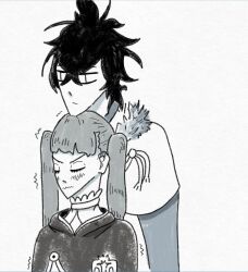 Rule 34 | 1boy 1girl, bad tag, black clover, black hair, blush, closed eyes, couple, head on top of partner, noelle silva, twintails, yuno (black clover)