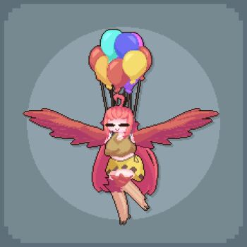 1girl ahoge animal_ears animated animated_gif balloon bare_shoulders bird_ears bird_legs blush borrowed_character bouncing_breasts breasts brown_eyes brown_tank_top cleavage coco_(eogks) commentary english_commentary feathers flapping grey_background harpy kurbiismind large_breasts long_hair monster_girl open_mouth original pixel_art red_feathers red_hair red_wings skirt smile solo tank_top underboob very_long_hair winged_arms wings yellow_skirt