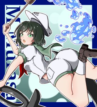 1girl anchor anchor_symbol ass black_hair black_shoes character_name collared_shirt foot_out_of_frame green_eyes hat holding holding_ladle kakko_hampen ladle murasa_minamitsu neckerchief open_mouth pocket red_neckerchief sailor_collar sailor_hat shirt shoes short_sleeves shorts socks solo touhou water white_hat white_shirt white_shorts white_socks