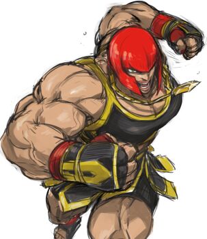 1girl abs attack bare_shoulders breasts capcom female_focus fighting_stance gloves highres large_breasts lipstick looking_at_viewer makeup marisa_(street_fighter) muscular muscular_arms muscular_female punching red_hair short_hair skirt smile solo street_fighter street_fighter_6 tall_female teasing threatening veins walking yellow_eyes