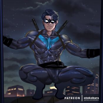 1boy artist_name bara batman_(series) belt black_belt black_bodysuit black_gloves black_hair blue_bodysuit bodysuit bulge closed_mouth covered_abs covered_erect_nipples dc_comics dick_grayson domino_mask eye_mask gloves highres large_pectorals looking_at_viewer male_focus mask multicolored_bodysuit muscular muscular_male night nightwing otokobara outdoors paid_reward_available patreon_username pectorals short_hair sky solo squatting taut_bodysuit taut_clothes thick_thighs thighs two-tone_bodysuit weapon weapon_on_back