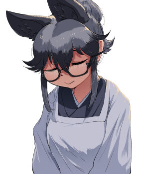 1girl animal_ears apron closed_eyes closed_mouth extra_ears fox_ears fox_girl glasses grey_hair grey_kimono highres japanese_clothes kappougi kemono_friends kimono long_hair looking_at_viewer mcgunngu silver_fox_(kemono_friends) simple_background solo upper_body white_apron