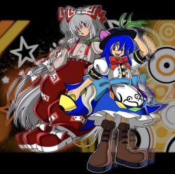 2girls animemaster armband back_bow black_hat blue_bow blue_hair bow brown_shoes fire food food-themed_hair_ornament frilled_skirt frills fruit fruit_hat_ornament fujiwara_no_mokou grey_hair hair_between_eyes hair_bow hair_ornament hair_ribbon hands_in_pockets hat hat_ornament highres hinanawi_tenshi holding holding_weapon kaname-ishi leaf leaf_hat_ornament long_hair looking_at_viewer multiple_girls ofuda ofuda_on_clothes open_mouth pants peach peach_hair_ornament peach_hat_ornament puffy_short_sleeves puffy_sleeves rainbow_gradient rainbow_order red_armband red_bow red_eyes red_pants red_shoes ribbon shirt shoes short_sleeves skirt smile sonic_(series) sonic_adventure_2 suspenders sword_of_hisou teeth torn_clothes torn_sleeves touhou uekawa_yuji_(style) upper_teeth_only very_long_hair weapon white_bow white_ribbon white_shirt