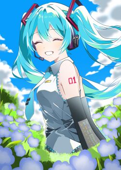 1girl ^_^ aqua_hair aqua_necktie aqua_trim bare_shoulders black_sleeves closed_eyes cloud cloudy_sky commentary_request cropped_torso day detached_sleeves dot_nose flower grin hair_between_eyes hair_intakes hair_ornament hatsune_miku headset highres necktie number_tattoo outdoors shirt shoulder_tattoo sky sleeveless sleeveless_shirt smile sumeshi_inothi tattoo tie_clip twintails vocaloid white_shirt wing_collar