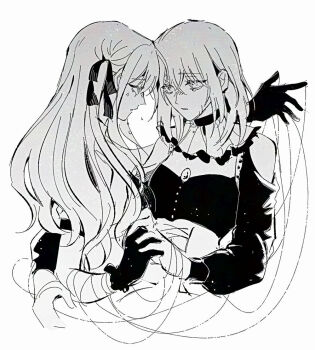 Rule 34 | 2girls, bang dream!, bang dream! it's mygo!!!!!, brooch, clothing cutout, doloris (bang dream!), greyscale, hair ribbon, holding hands, interlocked fingers, jewelry, long hair, maybecrosswise, medium hair, misumi uika, monochrome, multiple girls, oblivionis (bang dream!), puppet strings, ribbon, shoulder cutout, togawa sakiko, upper body, yuri