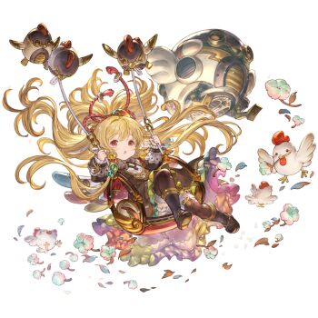 1girl animal_ears bare_shoulders bird blonde_hair boots breasts chibi chicken earrings flower flying granblue_fantasy hair_ornament harvin jewelry knee_boots long_hair looking_at_viewer machine mahira_(granblue_fantasy) minaba_hideo non-humanoid_robot official_art red_eyes robot robot_animal simple_background sitting small_breasts swinging thighhighs transparent_background white_background