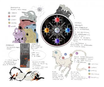 black_eyes black_fur black_tail blue_gemstone body_fur creature creature_focus crown ember_(jejejunum) english_text eyeball fire floating floating_gem forehead_jewel furnace gem highres information_sheet jejejunum mountain multicolored_fur no_humans no_mouth no_nose original purple_gemstone red_gemstone ribs secret_(jejejunum) simple_background smoke spirit split-color_fur tail teeth tongue train white_background white_fur yellow_gemstone