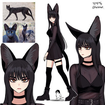 1girl belt black_hair boots cat_girl collar gegegekman highres long_hair looking_at_viewer mole mole_under_eye mole_under_mouth original personification real_life see-through_clothes skirt slit_pupils tagme tail thigh_strap thighhighs very_long_ears walking