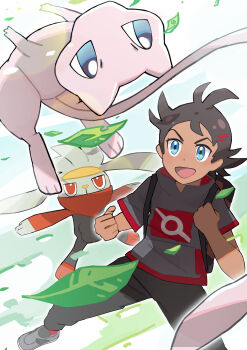 1boy absurdres antenna_hair backpack bag black_hair black_pants blue_eyes clenched_hands commentary_request falling_leaves gen_1_pokemon gen_8_pokemon goh_(pokemon) hands_up highres leaf legendary_pokemon mew_(pokemon) mythical_pokemon nintendo open_mouth pants pokemon pokemon_(anime) pokemon_(creature) pokemon_journeys raboot shake_shark3 shoes short_sleeves tongue