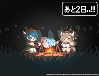 +_+ 2girls :3 aizawa_kazuha arm_at_side assault_lily belt belt_buckle black_shorts blue_eyes blue_hair blush boned_meat boots bright_pupils brown_belt brown_footwear brown_gloves brown_hat brown_skirt buckle campfire chibi commentary_request cooking copyright_notice countdown drooling fake_horns food forest fur-trimmed_shirt fur-trimmed_skirt fur_trim gloves grass green_tunic grey_hair hair_ornament hairclip hand_up hands_up hat hat_feather helmet highres holding holding_stick horned_helmet horns long_hair long_sleeves looking_at_food meat miniskirt mouth_drool multicolored_hair multiple_girls nature night official_alternate_costume official_art open_mouth outdoors outstretched_arm pants parted_lips roasting rotisserie sasaki_ran shirt shoes short_hair short_sleeves shorts shorts_under_skirt sitting on_tree_stump skirt sleeves_past_fingers sleeves_past_wrists smile sparkle stick streaked_hair tree tree_stump tunic v-shaped_eyebrows wavy_mouth white_pants white_pupils white_shirt yellow_eyes