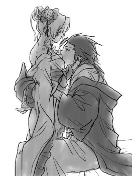 1boy 1girl aerith_gainsborough bare_shoulders blush couple crisis_core:_final_fantasy_vii earrings feet_out_of_frame final_fantasy final_fantasy_vii final_fantasy_vii_remake flower from_side greyscale hair_bun hair_flower hair_ornament hair_up hetero hug japanese_clothes jewelry kimono looking_at_another monochrome ninnin5tora obi parted_bangs profile sash sitting spiked_hair standing stud_earrings zack_fair