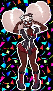 1girl afro afro_puffs bear_hair_ornament black_background black_boots black_hairband black_headband black_shirt blonde_hair blue_eyes boots bow bowtie breasts knee_boots cleavage collarbone danganronpa_(series) danganronpa_another_episode:_ultra_despair_girls dark-skinned_female dark_skin grin hair_ornament hairband headband high_heel_boots high_heels highres large_breasts legs long_hair looking_at_viewer multicolored_background necktie open_mouth plaid_clothes plaid_skirt pleated_skirt red_bow red_shoelaces red_skirt second_generation_enoshima_junko shirt short_sleeves shortcakeemoji simple_background skirt smile solo solo_focus standing teeth thighs v