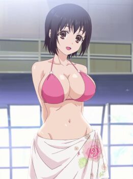 1girl anime_screenshot bikini bikini_top_only black_hair breasts brown_eyes cleavage collarbone highres hip_bones indoors kotone_shirakawa large_breasts looking_at_viewer navel overflow_(anime) sarong short_hair swimsuit