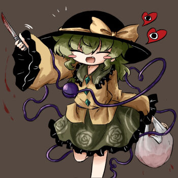 1girl ^_^ bag black_hat blood bloody_knife blush_stickers bow buttons closed_eyes commentary_request contrast_collar diamond_button fang feet_out_of_frame floral_print frilled_shirt_collar frilled_sleeves frills green_hair green_skirt grey_background hat hat_bow hat_ribbon heart heart_of_string heripantomorrow holding holding_bag holding_knife knife komeiji_koishi long_sleeves medium_hair motion_lines notice_lines open_mouth plastic_bag print_skirt ribbon rose_print severed_arm severed_limb shirt skirt sleeves_past_wrists smile solo standing standing_on_one_leg third_eye touhou wide_sleeves yellow_bow yellow_ribbon yellow_shirt