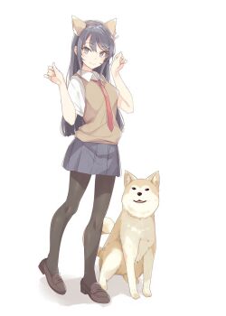 1girl animal_ear_hairband animal_ears artist_request black_hair black_pantyhose breasts brown_shoes brown_sweater_vest closed_mouth collared_shirt dog dog_ears fake_animal_ears full_body grey_skirt hair_ornament hairband hairclip highres loafers long_hair looking_at_viewer minegahara_high_school_uniform necktie pantyhose pleated_skirt rabbit_hair_ornament red_necktie sakurajima_mai school_uniform second-party_source seishun_buta_yarou shiba_inu shirt shoes short_sleeves skirt smile solo standing summer_uniform sweater_vest white_shirt