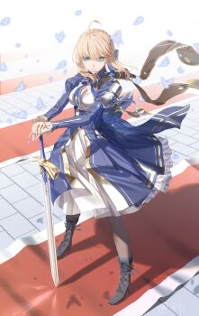 Rule 34 | 1girl, absurdres, ahoge, artist name, artoria pendragon (fate), black boots, black pantyhose, blonde hair, blue bow, blue bowtie, blue dress, boots, bow, bowtie, breasts, bu bai (wres2744), caliburn (fate), dress, fate/stay night, fate/unlimited blade works, fate (series), floating clothes, floating hair, green eyes, highres, holding, holding sword, holding weapon, honkai: star rail, honkai (series), juliet sleeves, long sleeves, looking at viewer, pantyhose, puffy sleeves, saber (fate), saber (honkai: star rail) (fate), solo, standing, sword, weapon