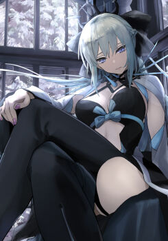 1girl black_bow black_dress black_tiara blue_eyes bow braid breasts center_opening chef_no_kimagure_salad cleavage clothing_cutout commentary_request dress fate/grand_order fate_(series) grey_hair hair_bow half_up_braid highres large_breasts long_hair looking_at_viewer morgan_le_fay_(fate) morgan_le_fay_(third_ascension)_(fate) ponytail solo spikes staff stomach_cutout stomach_tattoo tattoo tiara two-tone_dress very_long_hair