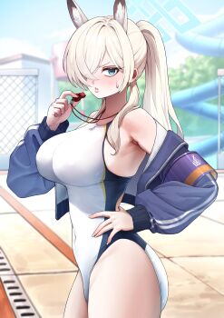 Rule 34 | 1girl, absurdres, animal ears, bare shoulders, blonde hair, blue archive, blue eyes, blue halo, blue jacket, blush, breasts, commentary request, covered navel, dog ears, extra ears, groin, hair over one eye, halo, hand on own hip, highleg, highleg one-piece swimsuit, highres, holding, holding whistle, jacket, kanna (blue archive), kanna (swimsuit) (blue archive), large breasts, long hair, looking at viewer, mikelee0614, one-piece swimsuit, open clothes, open jacket, parted lips, ponytail, rectangular halo, solo, swimsuit, thighs, whistle, whistle around neck, white one-piece swimsuit