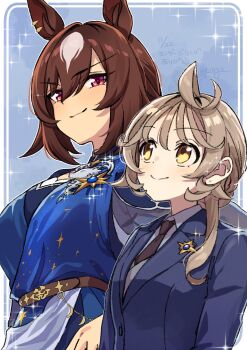 2girls ahoge animal_ears black_necktie blue_dress blue_jacket blush breasts brown_hair closed_mouth collared_shirt dress female_trainer_(umamusume) grey_shirt hair_between_eyes highres horse_ears horse_girl jacket long_hair long_sleeves medium_breasts multicolored_hair multiple_girls necktie official_alternate_costume official_alternate_hairstyle red_eyes shirohashi_akari_(toji_(y2toj2)) shirt sirius_symboli_(louve_stellaire)_(umamusume) sirius_symboli_(umamusume) smile sparkle streaked_hair toji_(y2toj2) trainer_(umamusume) umamusume upper_body white_hair yellow_eyes