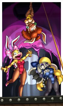 2022 3girls absurdres animal_ears artist_name axe battle_axe bdsm bit_gag black_pantyhose blonde_hair blue_eyes blue_eyeshadow blue_leotard blush bondage border bound bow bracelet breasts breasts_out brown_hair brown_pantyhose brown_rope bunny_ear cameltoe carrot cleavage collar covered_navel ear_piercing earrings evil_grin evil_smile eyeliner eyeshadow fake_animal_ears fangs female_focus gag gagged grin hair_bow hair_collar hariet_(mario) head_bow high_heels highres jewelry leotard lipstick lizard_tail long_hair lower_teeth_only makeup mario_(series) medium_breasts medium_hair multiple_girls bowtie nintendo nipples pantyhose piercing pink_footwear pink_lips playboy_bunny poison ponytail pot princess_daisy purple_background rabbit_tail red_eyes red_footwear red_leotard reptile_girl rope scared sharp_teeth shaxbert shell shiny_clothes shiny_skin smile spiked_collar spiked_shell spikes stage super_mario_bros._3 super_mario_land super_mario_odyssey tail teeth thick_thighs thighs tiara upper_teeth_only very_long_hair weapon wendy_o._koopa white_border white_lips yellow_leotard