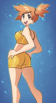 Rule 34 | 1girl, :d, air bubble, ass, bare arms, bikini, blue background, breasts, brown eyes, bubble, eyelashes, feet out of frame, from behind, hands on own hips, kneepits, knees, looking at viewer, looking back, medium breasts, missandydandy, misty (pokemon), nintendo, open mouth, orange hair, pokemon, pokemon (anime), pokemon (classic anime), pokemon rgby, ponytail, short hair, shorts, side ponytail, smile, solo, standing, swimsuit, teeth, tongue, upper teeth only, water drop, yellow bikini, yellow shorts