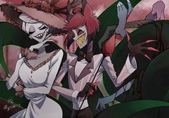 Rule 34 | 1boy, 1girl, alastor (hazbin hotel), black pants, collared shirt, commentary, dress, gs999000, hazbin hotel, hellaverse, highres, long dress, pants, pink shirt, red hair, rosie (hazbin hotel), shirt, short hair, symbol-only commentary, white dress, white hair