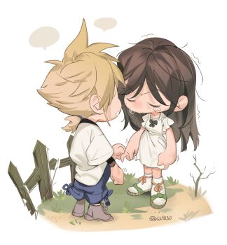 Rule 34 | 1boy, 1girl, 4k1030, aged down, black hair, blonde hair, blue shorts, closed eyes, cloud strife, crying, dress, facing another, final fantasy, final fantasy vii, final fantasy vii remake, grass, highres, long hair, low ponytail, motion lines, open mouth, ponytail, sandals, shirt, shorts, simple background, socks, speech bubble, spiked hair, standing, t-shirt, tears, tifa lockhart, trembling, twitter username, white dress, white shirt, white socks