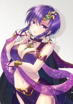 1girl alto2019 bare_shoulders breasts closed_mouth dancer fire_emblem fire_emblem:_the_blazing_blade fire_emblem_heroes highres large_breasts long_bangs looking_at_viewer midriff navel nintendo official_alternate_costume sidelocks solo ursula_(fire_emblem) ursula_(khadein)_(fire_emblem)