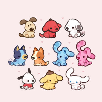 animal artist_name bingo_heeler blue's_clues blue_(blue's_clues) bluey bluey_heeler brown_hat chibi cinnamoroll clifford_(dog) clifford_the_big_red_dog collar dog gromit hat heart no_humans peanuts_(comic) pochacco pompompurin sanrio simple_background snoopy spicymochi tail tail_wagging wallace_&amp;_gromit watermark