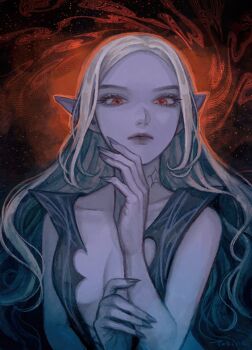 Rule 34 | 1girl, animification, baldur's gate, baldur's gate 3, colored skin, dark elf, dungeons & dragons, dungeons &amp; dragons, elf, hair down, highres, lips, long hair, looking at viewer, minthara, neck tattoo, pointy ears, purple skin, red eyes, solo, tattoo, tokine kira, white hair