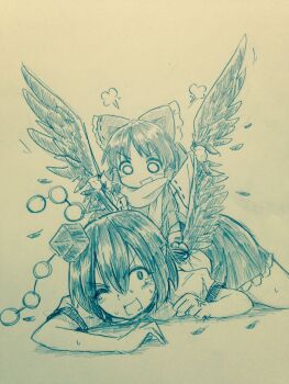 Rule 34 | 2girls, :d, aged down, anger vein, arms up, blush, bow, clenched hand, commentary request, detached sleeves, efukei, feathered wings, grabbing another's wing, hair between eyes, hair bow, hair tubes, hakurei reimu, hat, highres, long sleeves, lying, monochrome, motion lines, multiple girls, o o, on back, one-hour drawing challenge, one eye closed, open mouth, pointy ears, pom pom (clothes), puff of air, ribbon-trimmed sleeves, ribbon trim, scarf, shameimaru aya, short hair, short sleeves, sitting, sitting on person, skirt, smile, socks, sweat, tears, tokin hat, touhou, traditional media, v-shaped eyebrows, wings