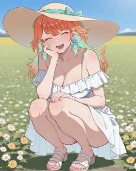1girl alternate_costume arm_support bare_arms bare_legs bare_shoulders blue_sky bow breasts cleavage collarbone colored_inner_hair commentary day dress earrings english_commentary facing_viewer feather_earrings feathers feet field fingernails flower flower_field fluffy_hair full_body gradient_hair grass green_bow green_hair hand_on_own_knee hat hat_bow head_on_hand head_tilt highres hololive hololive_english jewelry knees large_breasts legs light_blush long_hair multicolored_hair nail_polish off-shoulder_dress off_shoulder open_mouth orange_hair outdoors pink_lips pink_nails platform_sandals raliele_(terenazal) sandals shadow shiny_skin short_dress short_hair short_sleeves sky smile solo spaghetti_strap squatting sun_hat sundress sweat swept_bangs takanashi_kiara teeth thighs toenail_polish toenails toes very_short_hair virtual_youtuber white_dress white_flower yellow_flower yellow_hat